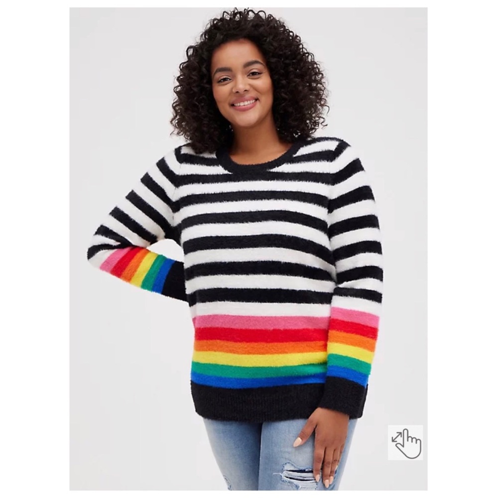 NEW Torrid 3 Crew Pullover Sweater - Fuzzy Yarn Stripe Rainbow
